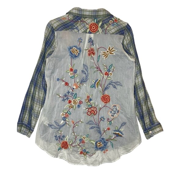 Anthropologie Kyla Seo Women Top Embroidery Shirt Small Size Cotton Floral Plaid - Picture 2 of 11